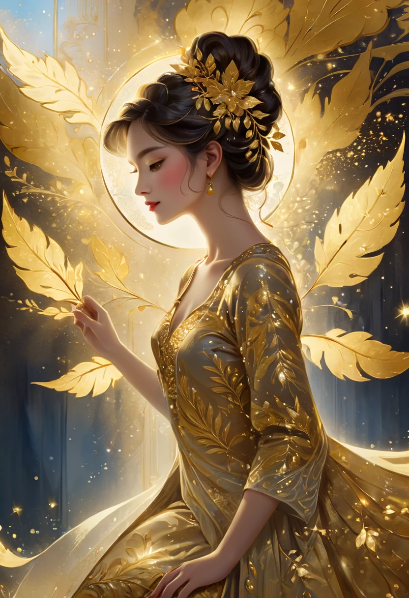 1girl, Gold Leaf Art, goldcarvingcd_xl, jinsixiangyun, traditional, golden, Gold Foil Art, gold leaf,gilded details,shimmering surface,meticulous craftsmanship,rich texture,ornate patterns,hand-applied gold leaf,golden accents,delicate brushwork,reflective surfaces,luxurious finish,breathtaking beauty,meticulous detailing,elegant composition,fine art masterpiece,visual opulence,vibrant colors,glowing golden hue,dramatic contrast,subtle shine,golden radiance,exquisite craftsmanship,gleaming surfaces,richly layered,illumination quality,baroque influences,refined elegance,luminous highlights,rich and regal,unparalleled luxury,artistic magnificence,timeless beauty,self-reflective surfaces,polished luminosity,lustrous appearance,dazzling brilliance,opulent aesthetic,opulent opulence,limitless beauty,decorative embellishments,unmatched elegance,celestial luminosity,heavenly glow,fine brushstrokes,delicate intricacy,detailed precision,exquisite artistry,dazzling exuberance,unparalleled grandeur,luxurious embellishments,illuminating radiance,dynamic texturing