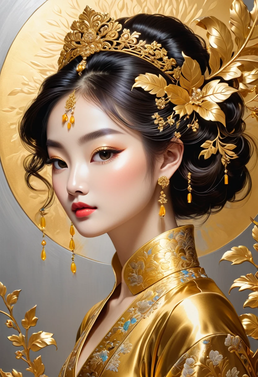 1girl, Gold Leaf Art, goldcarvingcd_xl, jinsixiangyun, traditional, golden, Gold Foil Art, gold leaf,gilded details,shimmering surface,meticulous craftsmanship,rich texture,ornate patterns,hand-applied gold leaf,golden accents,delicate brushwork,reflective surfaces,luxurious finish,breathtaking beauty,meticulous detailing,elegant composition,fine art masterpiece,visual opulence,vibrant colors,glowing golden hue,dramatic contrast,subtle shine,golden radiance,exquisite craftsmanship,gleaming surfaces,richly layered,illumination quality,baroque influences,refined elegance,luminous highlights,rich and regal,unparalleled luxury,artistic magnificence,timeless beauty,self-reflective surfaces,polished luminosity,lustrous appearance,dazzling brilliance,opulent aesthetic,opulent opulence,limitless beauty,decorative embellishments,unmatched elegance,celestial luminosity,heavenly glow,fine brushstrokes,delicate intricacy,detailed precision,exquisite artistry,dazzling exuberance,unparalleled grandeur,luxurious embellishments,illuminating radiance,dynamic texturing