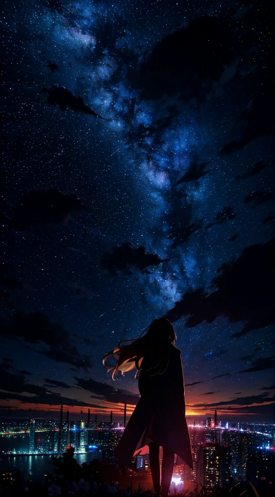1people々,blonde long hair,Long hair fluttering in the wind,long coat,silhouette, Rear view,Space Sky, milky way, anime style, Night view of the city from the mountainside,