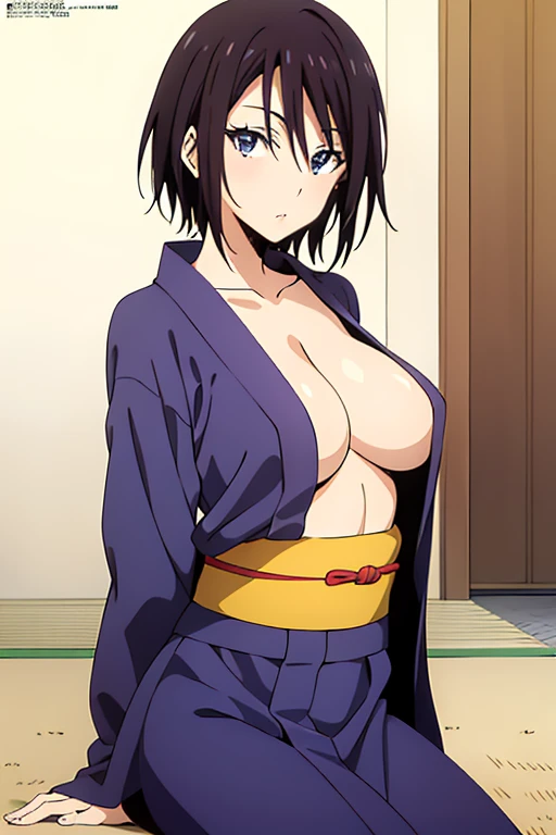 (anime cels style, Masterpiece, best quality, high resolution, anime colored, megami magazine:1.2, anime poster style, anime keyvisual, sharp, 8k, photorealistic), (beautiful eyes:1.5), sakaguchihinata\(ttigraas\), 1girl, cute, black hair, very short hair, large breast, cleavage, (yukata:1.5, undressing:1.5), upper body, (sitting, yokozuwari), (perfect detailed anatomy, perfect arms, perfect fingers, beautiful face, perfect body, shiny skin),