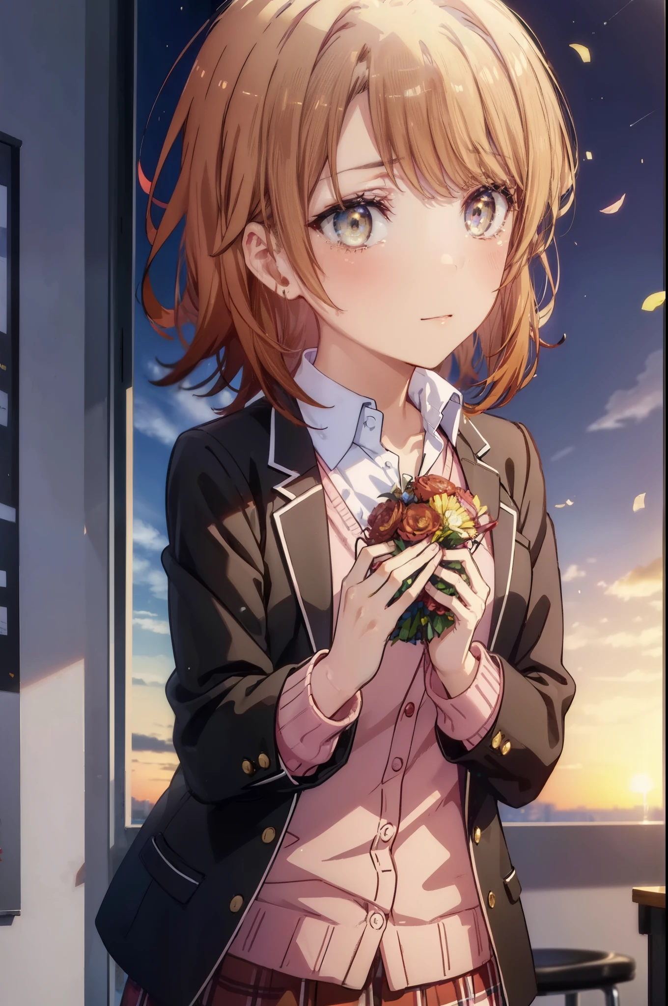 irohaisshiki, Isshiki Iroha, short hair, brown hair, (Brown ruby eyes:1.5), smile,blush,Tears running down her face,Tears of joy、I cry a lot、break skirt, shirt, ribbon, , Jacket, white shirt, open clothes, socks, open Jacket, black Jacket, plaid, knee high, plaid skirt, blazer, cardigan, black socks, pink cardigan,Holding a large bouquet in both hands ,birthday,A birthday cake is on the table,confetti,evening,sunset,The sun is setting,
break indoors,School　classroom ,
break looking at viewer,Upper body,(cowboy shot:1. 3)
break (masterpiece:1.2), highest quality, High resolution, unity 8k wallpaper, (shape:0.8), (beautiful and detailed eyes:1.6), highly detailed face, perfect lighting, Very detailed CG, (perfect hands, perfect anatomy),