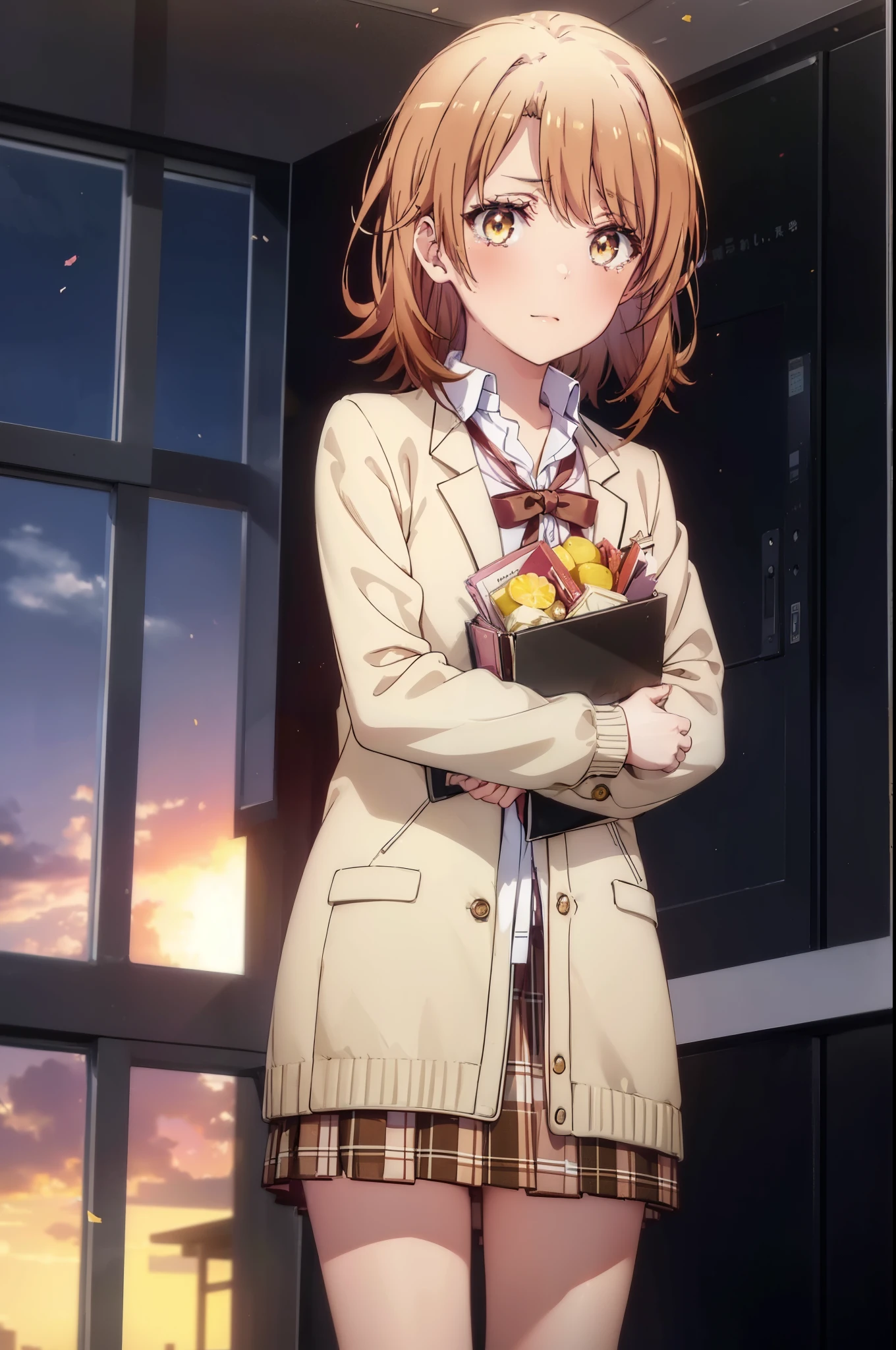 irohaisshiki, Isshiki Iroha, short hair, brown hair, (Brown ruby eyes:1.5), smile,blush,Tears running down her face,Tears of joy、I cry a lot、break skirt, shirt, ribbon, , Jacket, white shirt, open clothes, socks, open Jacket, black Jacket, plaid, knee high, plaid skirt, blazer, cardigan, black socks, pink cardigan,Holding a large bouquet in both hands ,birthday,A birthday cake is on the table,confetti,evening,sunset,The sun is setting,
break indoors,School　classroom ,
break looking at viewer,Upper body,(cowboy shot:1. 3)
break (masterpiece:1.2), highest quality, High resolution, unity 8k wallpaper, (shape:0.8), (beautiful and detailed eyes:1.6), highly detailed face, perfect lighting, Very detailed CG, (perfect hands, perfect anatomy),