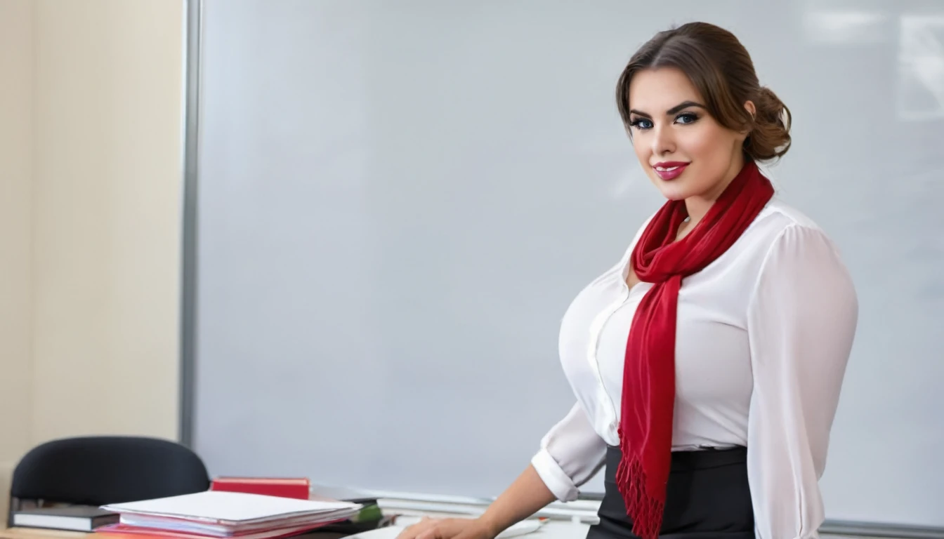 (A young attractive woman, very busty, hair done up like a teacher, confident expression, white blouse, black skirt, red scarf) leaning on her desk at the front of the class