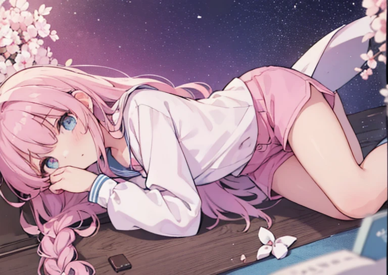 beautiful illustrations, highest quality, (12 year old girl:1.4)、(pretty girl：1.5)、、、flat chest、sailor collar、(White long tunic)、long sleeve sailor suit、Blue-line cuffs、(pink chino shorts：1.4)、(pink shorts with wide opening：1.2)、Gap between thigh and pants、slim thighs、white socks、 cinematic lighting, (pink long hair)、Pink Straight Hair、redness of cheeks、(Braiding of the back of the head)