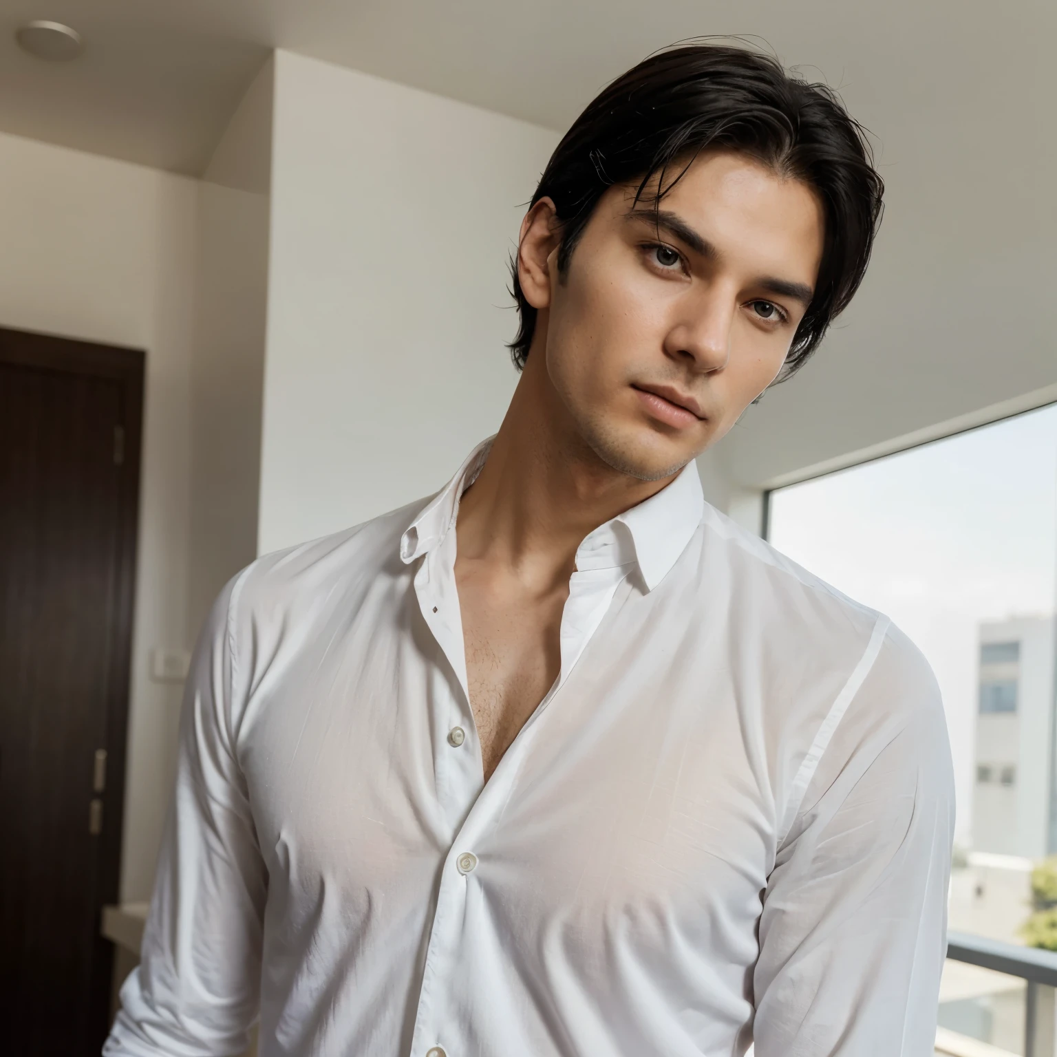 Picture a tall man, standing at about 180cm, with a commanding presence. His sleek, jet-black hair is neatly styled, framing a face of striking handsomeness. He wears a crisp white shirt, its fabric accentuating his broad shoulders and lean physique. There's a serene aura about him, an unmistakable calmness that radiates from his every movement. His warm, gentle eyes convey a kindness that draws people in, making them feel instantly at ease in his presence.