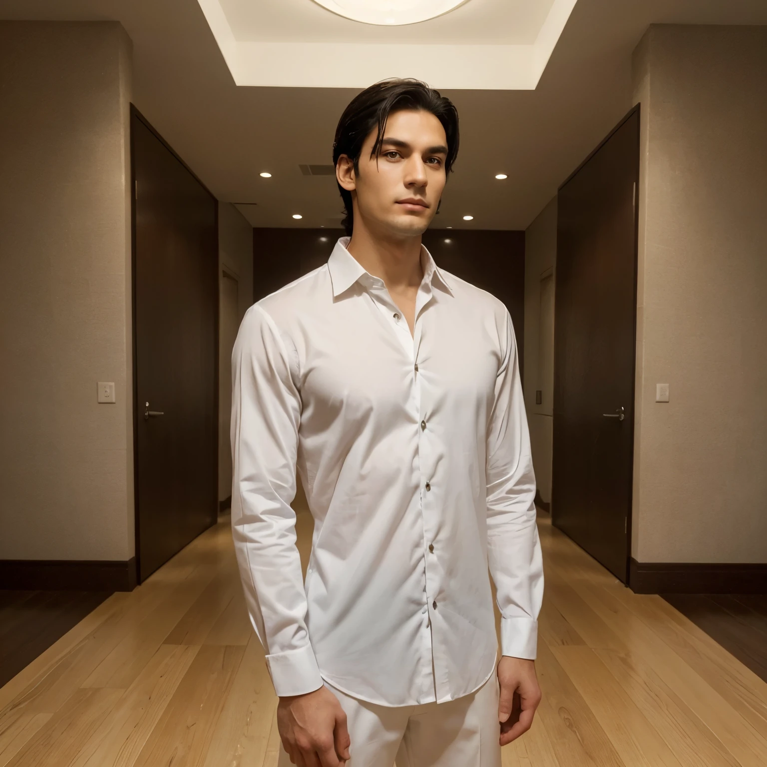 Picture a tall man, standing at about 180cm, with a commanding presence. His sleek, jet-black hair is neatly styled, framing a face of striking handsomeness. He wears a crisp white shirt, its fabric accentuating his broad shoulders and lean physique. There's a serene aura about him, an unmistakable calmness that radiates from his every movement. His warm, gentle eyes convey a kindness that draws people in, making them feel instantly at ease in his presence.