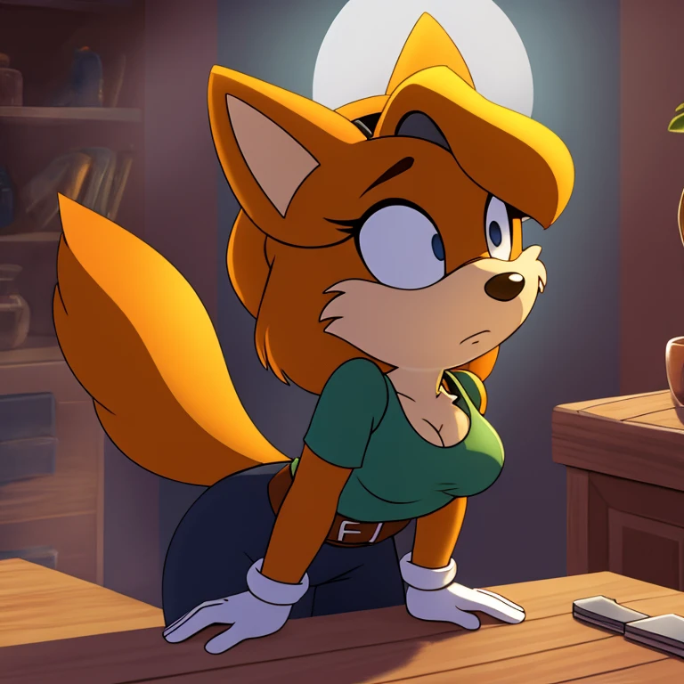 ((masterpiece)), high quality, ((2d, 2d art)), ((sharp, expressive eyes)), (detailed colors, detailed shading, (soft lighting)), detailed background, 1girl, Tails the Fox, yellow hair, (two tails), medium breasts, chest tuft, goggles, apron, work gloves, tool belt, workshop, tools, moonlight, arm support, exhausted, sweating, leaning forward