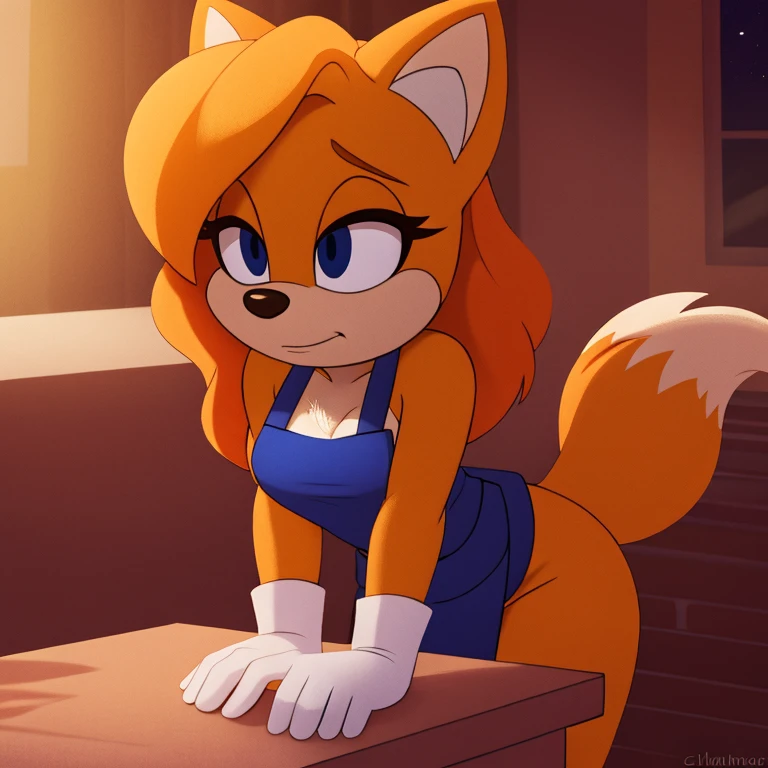 ((masterpiece)), high quality, ((2d, 2d art)), ((sharp, expressive eyes)), (detailed colors, detailed shading, (soft lighting)), detailed background, 1girl, Tails the Fox, yellow hair, (two tails), medium breasts, chest tuft, goggles, apron, work gloves, tool belt, workshop, tools, moonlight, arm support, exhausted, sweating, leaning forward