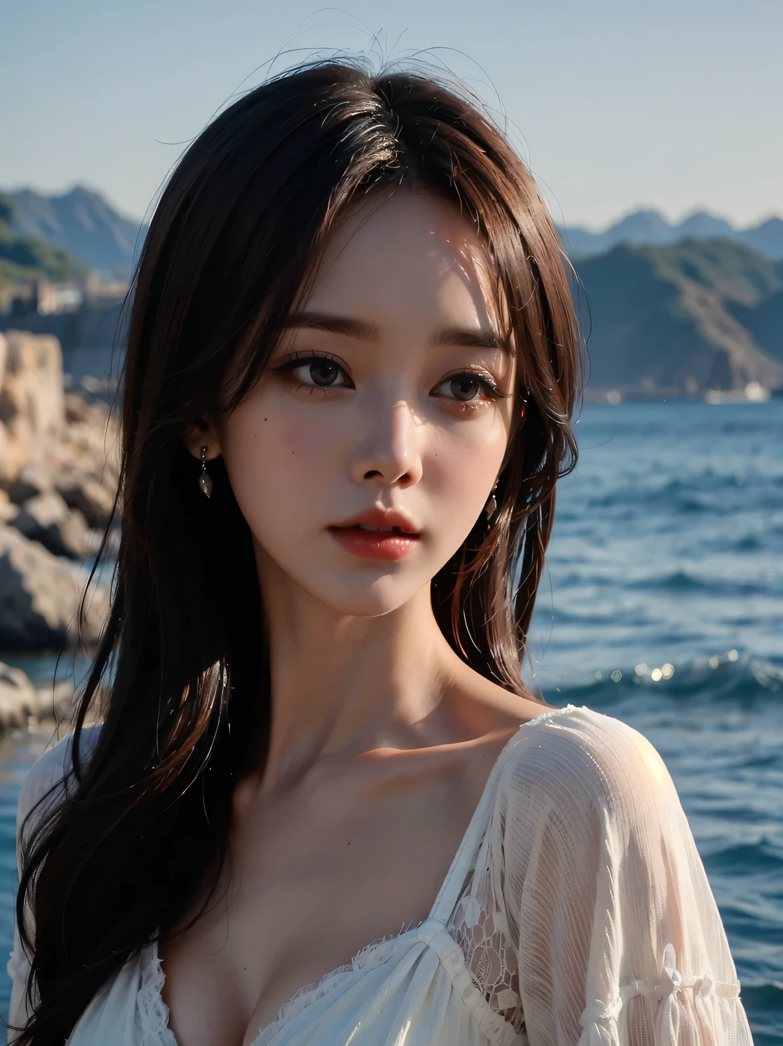 1girl, (looking at viewer:1.2), detail face, (a girl standing, rending on cgsociety, black shadows, streaming, sea backdrop), romanticism, atmospheric, (RAW photo, best quality), (realistic, photo-realistic:1.3), masterpiece, an extremely delicate and beautiful, extremely detailed,