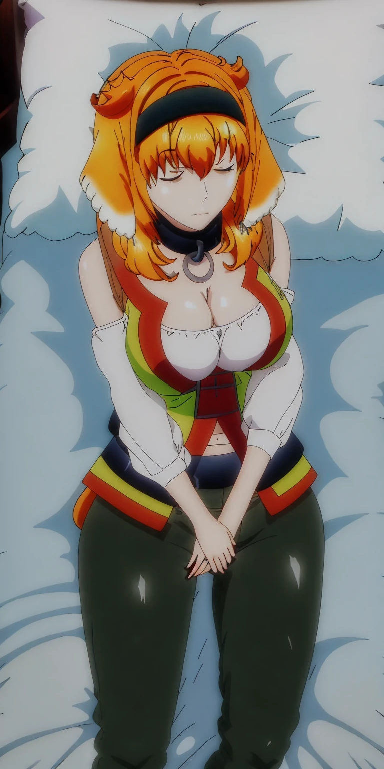 Roxanne Demin kin 1girl, solo, breasts, large breasts, navel, animal ears, cleavage, tail, hairband, pants, orange hair, collar, dog ears, dog tail, dog girl, black collar, green pants, floppy ears, eyes closed, sleeping, lying on bed, waist up, leather slave collar choker, bracers