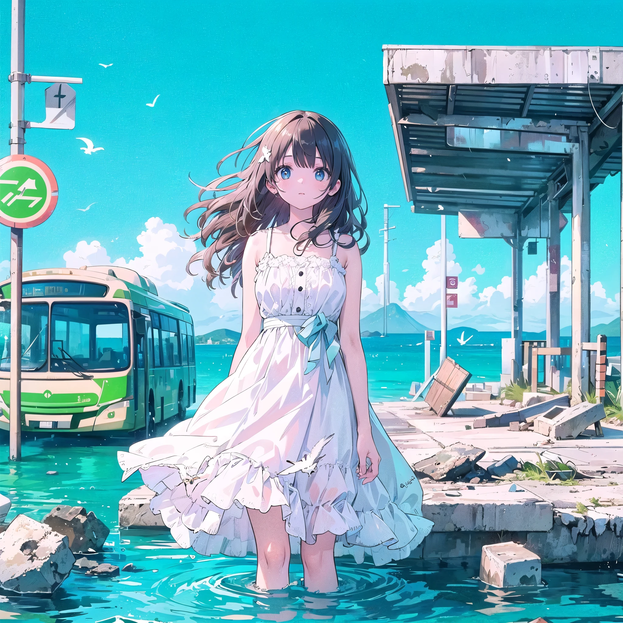 masterpiece, best quality, high resolution, extremely detailed CG, Post-apocalyptic, a girl in a white dress on a broken white platform on the sea,  a deserted bus stop on the platform, a few pieces of concrete scattered in the water, in the distance the sky some white birds are passing by, blue sky, fresh, simple, pastel colors