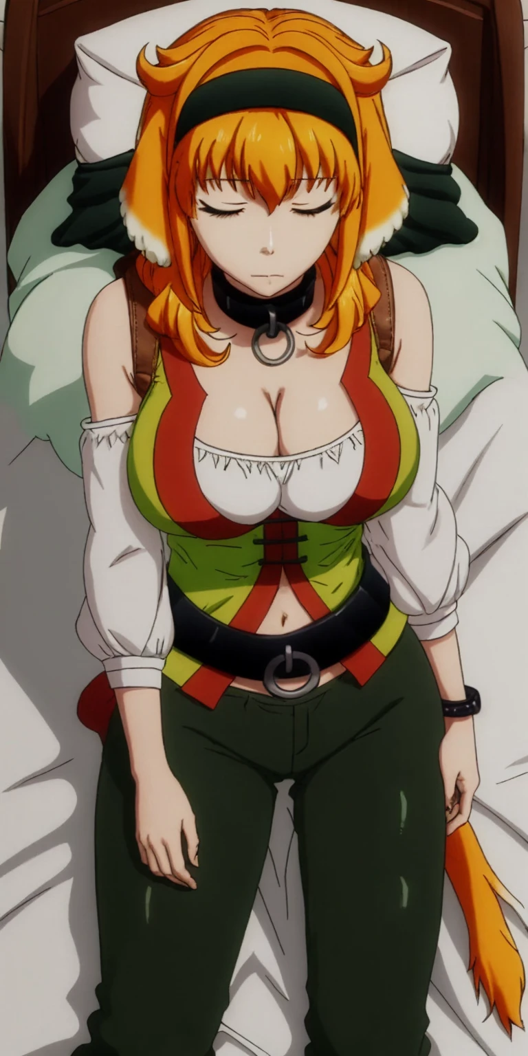 Roxanne Demin kin 1girl, solo, breasts, large breasts, navel, animal ears, cleavage, tail, hairband, pants, orange hair, collar, dog ears, dog tail, dog girl, black collar, green pants, floppy ears, eyes closed, sleeping, lying on bed, waist up, leather slave collar choker, bracers