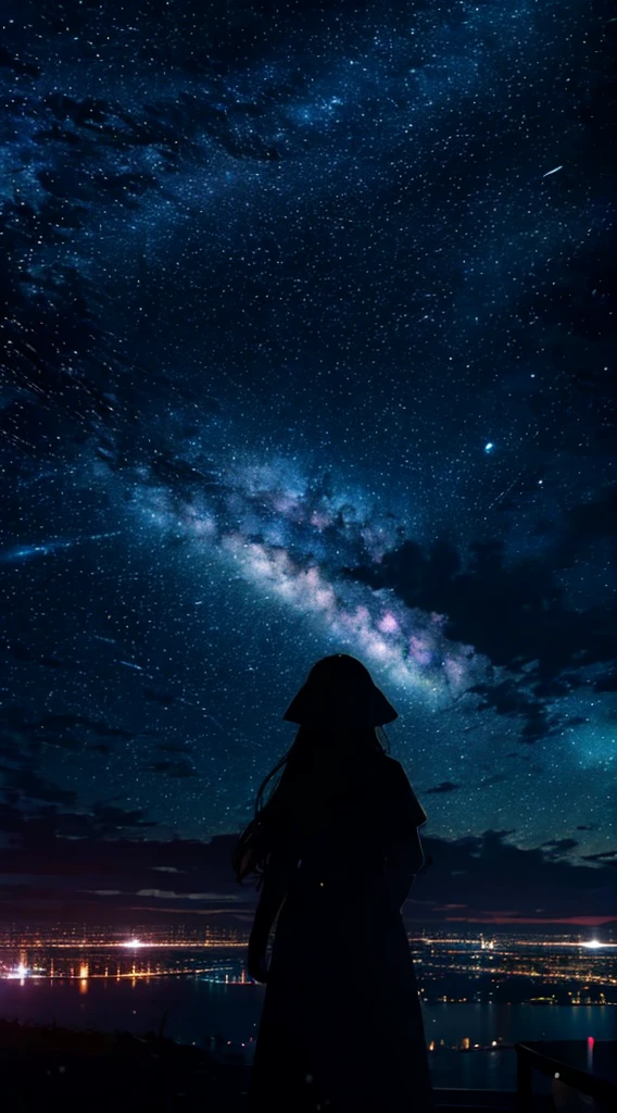 １people々々,blonde long hair，long hair fluttering in the wind，long coat，silhouette， Rear view，Space Sky, milky way, anime style, Night view of the city from the mountainside，