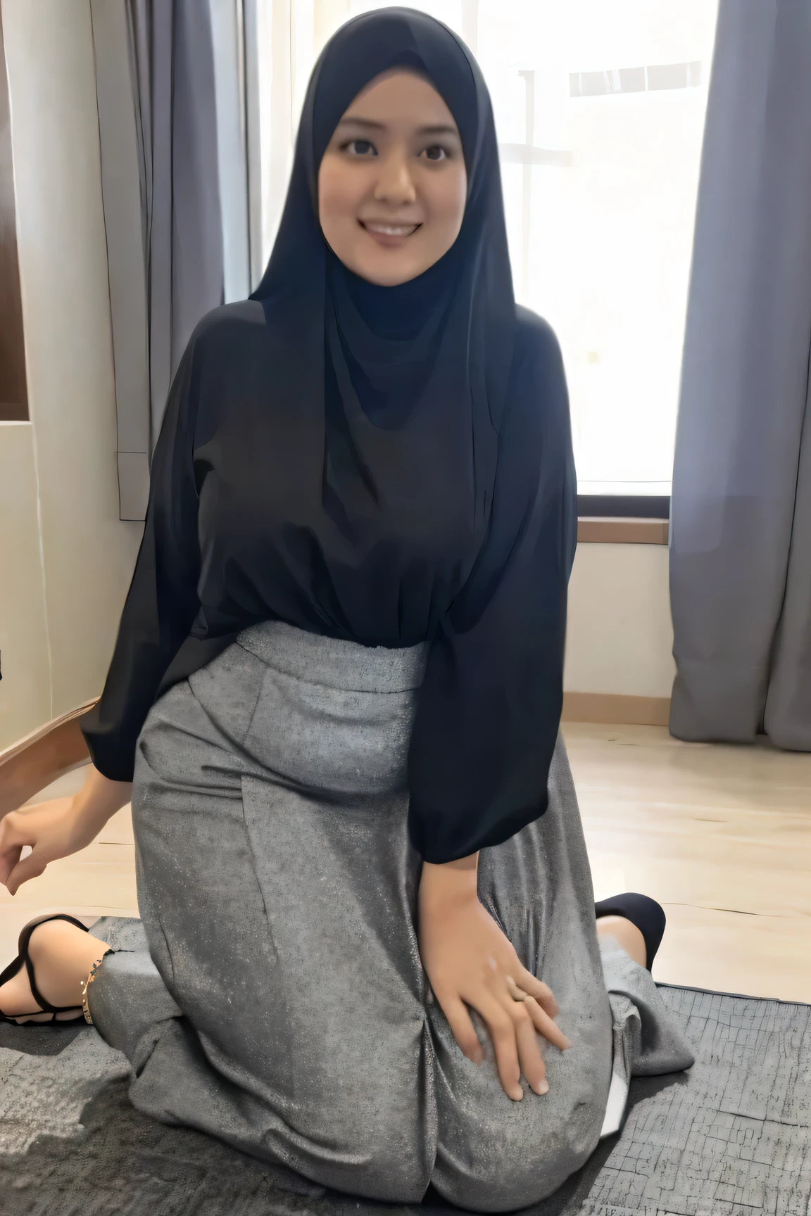 beautiful woman kneeling on the floor, nawa, 1girl, ultra realistic, 4K, UHD, very big breasts, photorealistic, high detail, high quality, baju kurung, tall body, tight clothes, chubby body, realism,