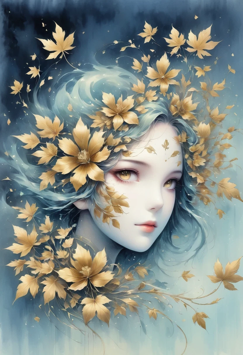 (gold leaf art:1.5),(Metallic luster:1.45),Minimalism,(line art:1.6),sketch,Charcoal drawing,mask,flower,Illustration in surreal art style,surreal dream,Dubrec style,(multiple exposure:1.8),Dreams of happiness,