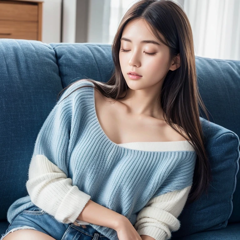 The face of a beautiful young Japanese woman sleeping happily on a blue sofa wearing a navy blue sweater and white shorts. Focal length 100mmf/2.8, spring day, sunny, living room on the upper floor of a high-rise apartment, ideal light source, well-shaped face, closed eyes, toned body, close-up of facial expression, sense of presence, 8K image quality, highest quality.