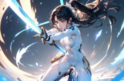 (((Girl fighting with one-handed sword))), fighting pose, Uplifting, (highest quality), (masterpiece) perfect style, ((A beautiful body that is partly mechanical)), (((Thin see-through white bodysuit, Golden pattern))), full body, close up, looking at the camera, long flowing black hair, ponytail, Long black hair dancing in the wind, beautiful detailed eyes, pale hue, Precise as a photo, A full moon in a starry sky, pale hue, monochrome, nsfw