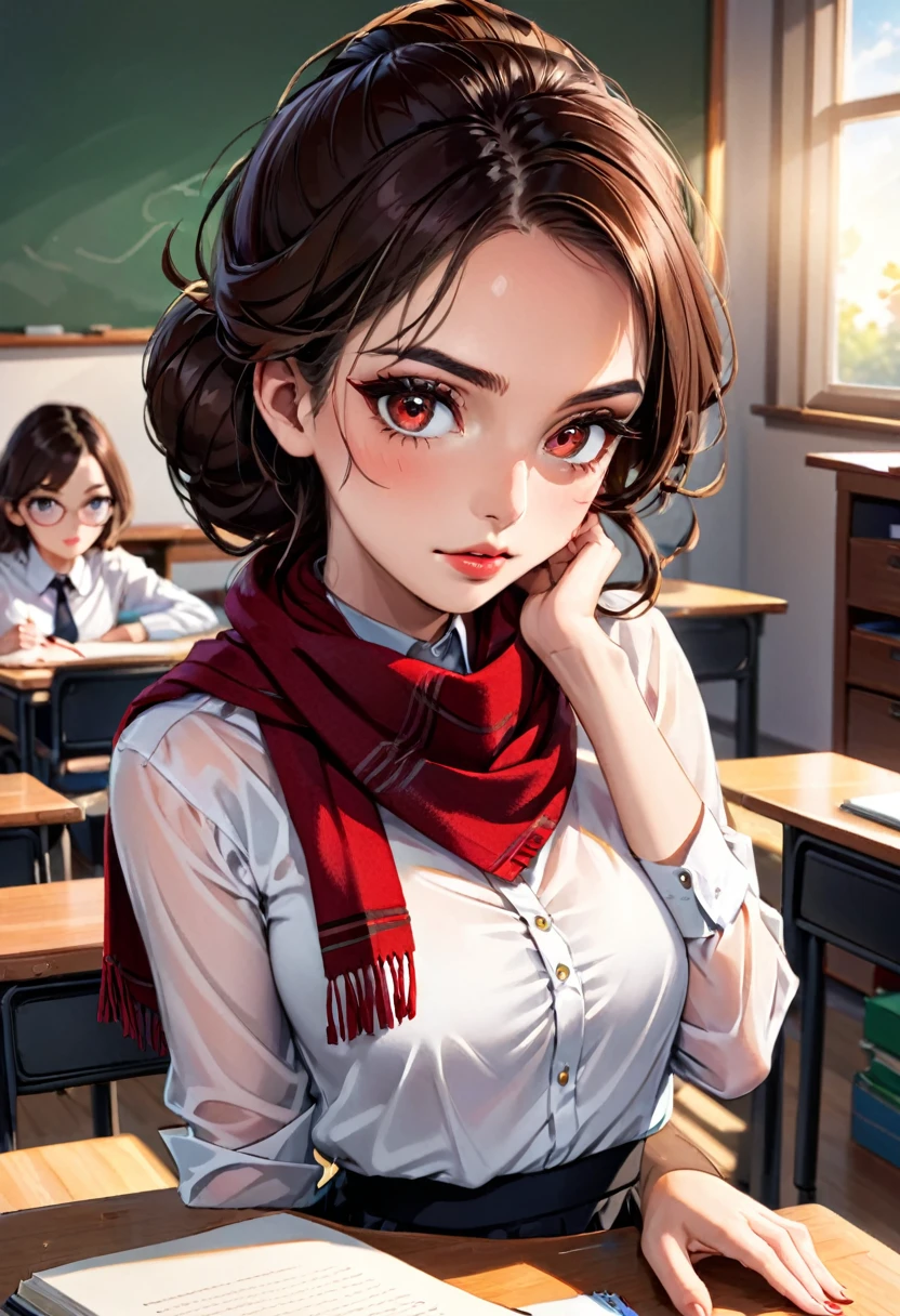 (best quality,4k,highres,ultra-detailed,realistic:1.37),(beautiful detailed eyes,beautiful detailed lips,extremely detailed eyes and face,longeyelashes),(vivid colors),(professional),(portrait),(studio lighting),(beautiful detailed brunette hair,stylish updo,resembling a teacher's style),(confident expression),(white blouse,black skirt,red scarf),(leaning on her desk),(front of the class)