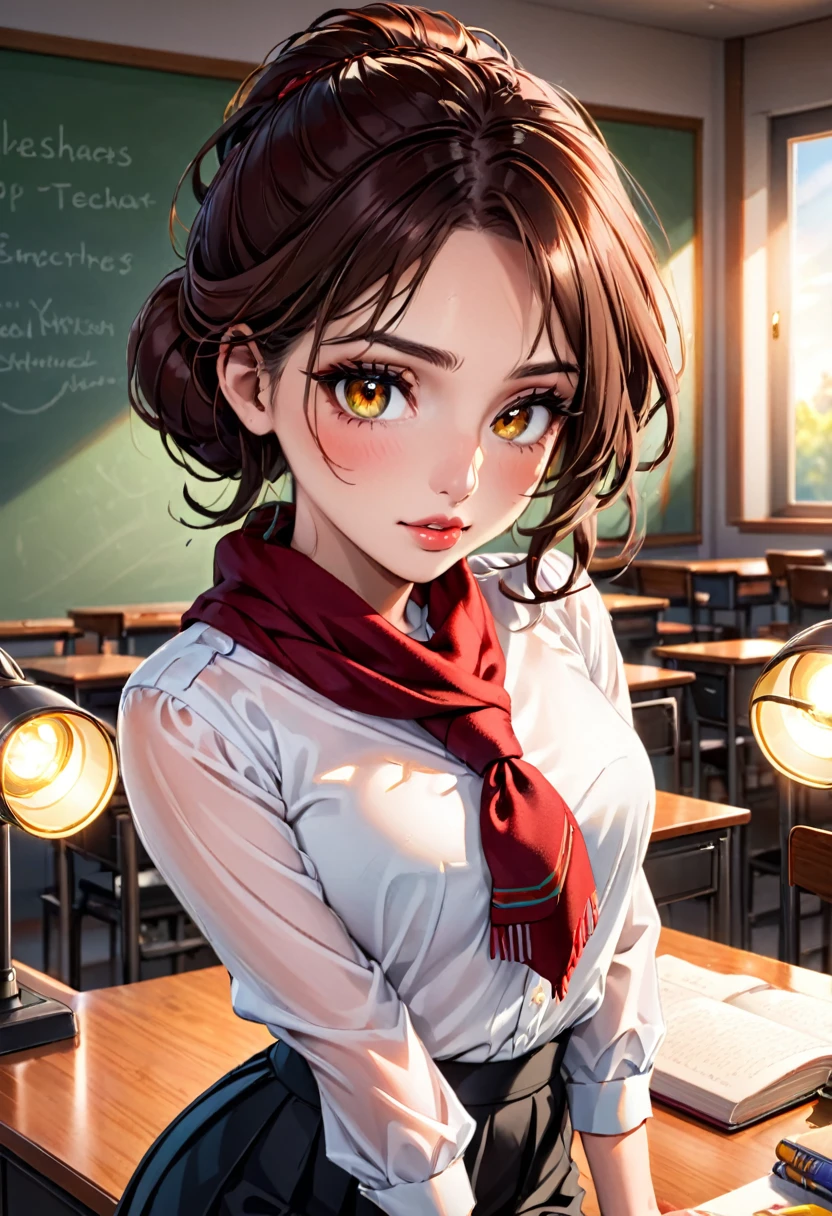(best quality,4k,highres,ultra-detailed,realistic:1.37),(beautiful detailed eyes,beautiful detailed lips,extremely detailed eyes and face,longeyelashes),(vivid colors),(professional),(portrait),(studio lighting),(beautiful detailed brunette hair,stylish updo,resembling a teacher's style),(confident expression),(white blouse,black skirt,red scarf),(leaning on her desk),(front of the class)