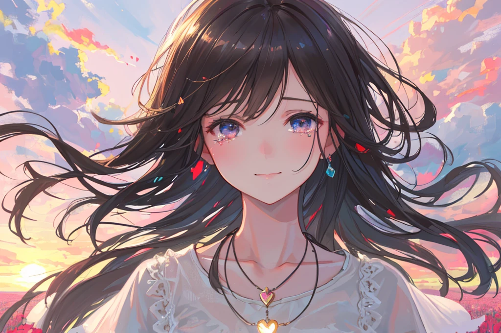 (best quality,highres,ultra-detailed,realistic:1.37),(bright lighting,soft light),(vivid colors),(oil painting),a girl with tears streaming down her face,a girl standing in a field of flowers,a sunset in the background,a handwritten letter in her hand,a necklace with a heart-shaped pendant,beautiful detailed eyes,dark hair flowing in the wind,a gentle smile on her face,a soft and dreamy atmosphere)
