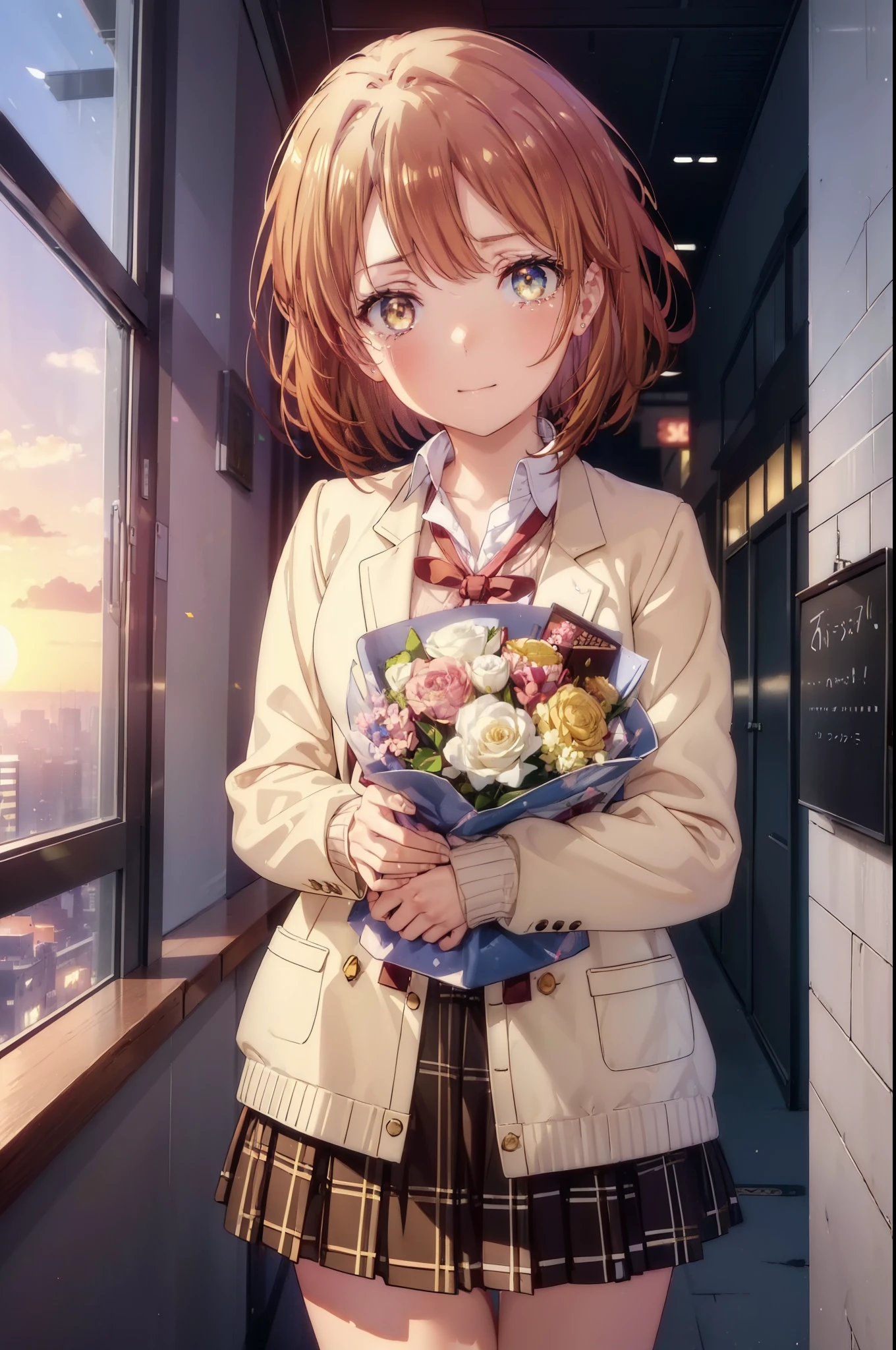 irohaisshiki, Isshiki Iroha, short hair, brown hair, (Brown ruby eyes:1.5), smile,blush,Tears running down her face,Tears of joy、I cry a lot、break skirt, shirt, ribbon, , Jacket, white shirt, open clothes, socks, open Jacket, black Jacket, plaid, knee high, plaid skirt, blazer, cardigan, black socks, pink cardigan,Holding a large bouquet in both hands ,birthday,A birthday cake is on the table,confetti,evening,sunset,The sun is setting,
break indoors,School classroom ,
break looking at viewer,Upper body,(cowboy shot:1. 3)
break (masterpiece:1.2), highest quality, High resolution, unity 8k wallpaper, (shape:0.8), (beautiful and detailed eyes:1.6), highly detailed face, perfect lighting, Very detailed CG, (perfect hands, perfect anatomy),