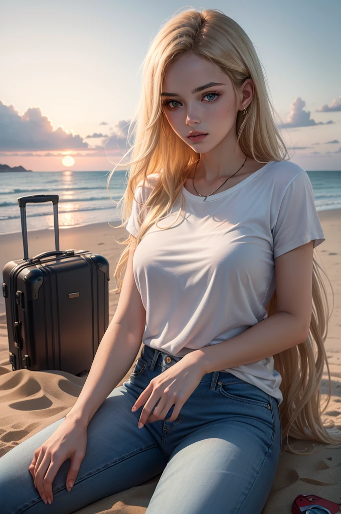 Sunset, deserted ocean shore. An incredibly beautiful golden-haired long-haired femme fatale blonde with blue eyes is sitting on the sand on a deserted ocean shore, she is dressed in jeans and a loose T-shirt, there is 1 large suitcase next to her. She is staring intently into the distance, holding the phone in her hands. bright and saturated colors, Masterpiece, perfect image, realistic image, detailed study, full-length image, 8k, detailed image. an extremely detailed illustration, a real masterpiece of the highest quality, with careful drawing.