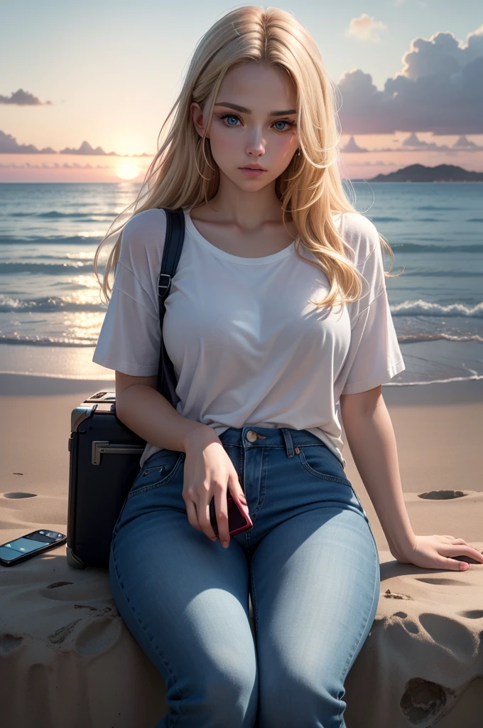 Sunset, deserted ocean shore. An incredibly beautiful golden-haired long-haired femme fatale blonde with blue eyes is sitting on the sand on a deserted ocean shore, she is dressed in jeans and a loose T-shirt, there is 1 large suitcase next to her. She is staring intently into the distance, holding the phone in her hands. bright and saturated colors, Masterpiece, perfect image, realistic image, detailed study, full-length image, 8k, detailed image. an extremely detailed illustration, a real masterpiece of the highest quality, with careful drawing.