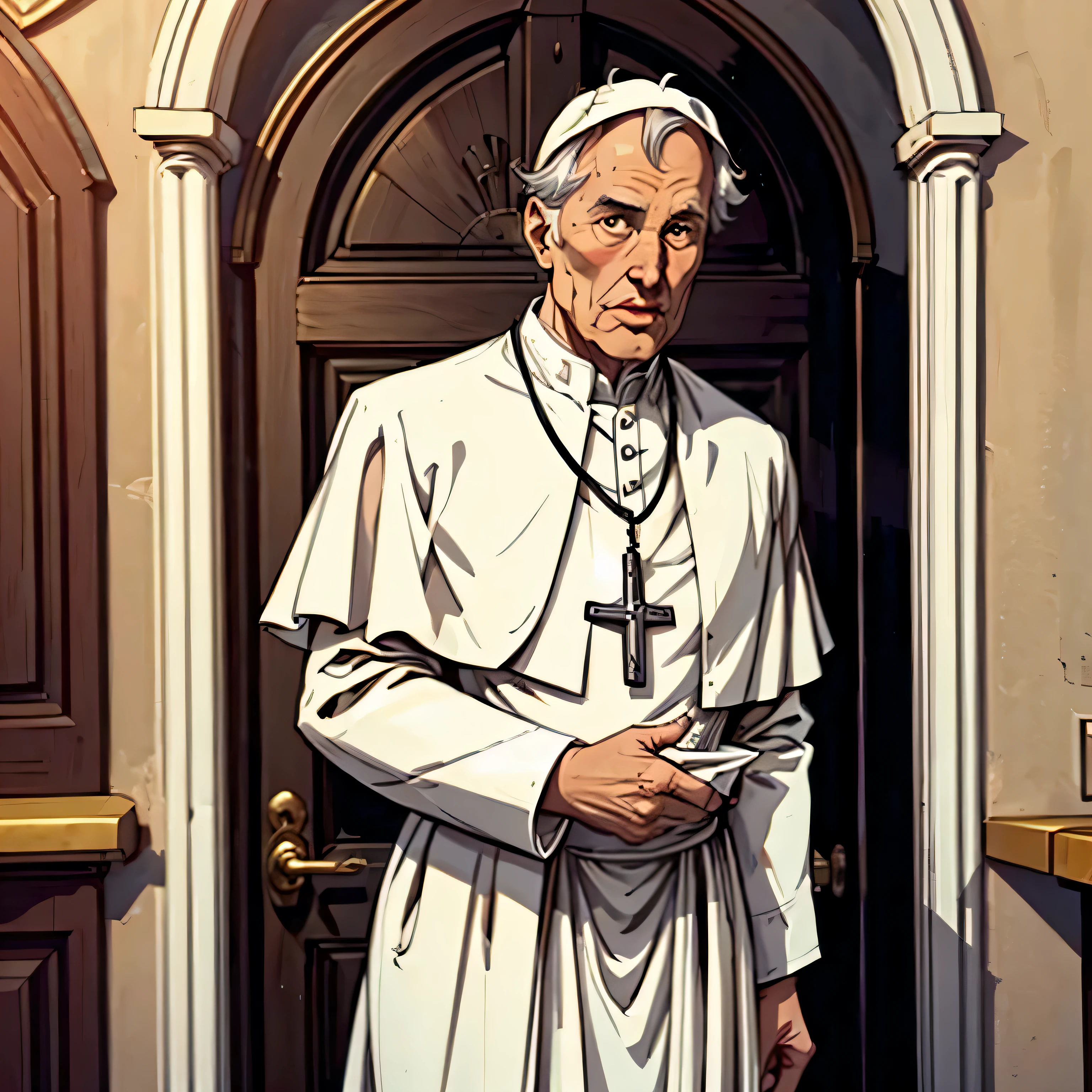 better quality image, 50 year old pope at the door of a 20th century church