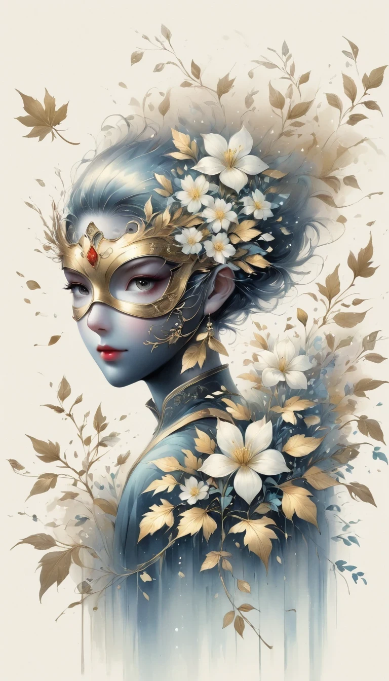 (gold leaf art:1.5),(Metallic luster:1.45),Minimalism,(line art:1.6),sketch,Charcoal drawing,mask,flower,Illustration in surreal art style,surreal dream,Dubrec style,(multiple exposure:1.8),Dreams of happiness,