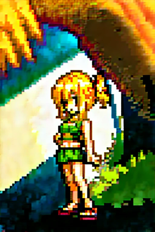 A tanned-skinned anime girl lies despondently on the ground, her hand cradling her abdomen in agony. Her fabric revealing the faint outlines of her ribs. Long sun-kissed locks cascade around her face, concealing it from view. Her despairing expression, etched with lines of hunger and suffering, speaks of a life devoid of sustenance. The sunlight filters through the foliage above, bathing her emaciated figure in a warm, golden glow that accentuates the definition of her bones. The bikini top clings to her body, leaving little to the imagination, she lying down on the forest floor with her eyes closed in immense pain and suffering from hunger