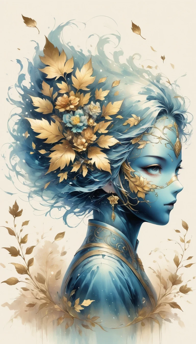 (gold leaf art:1.5),(Metallic luster:1.45),Minimalism,(line art:1.6),sketch,Charcoal drawing,mask,flower,Illustration in surreal art style,surreal dream,Dubrec style,(multiple exposure:1.8),Dreams of happiness,