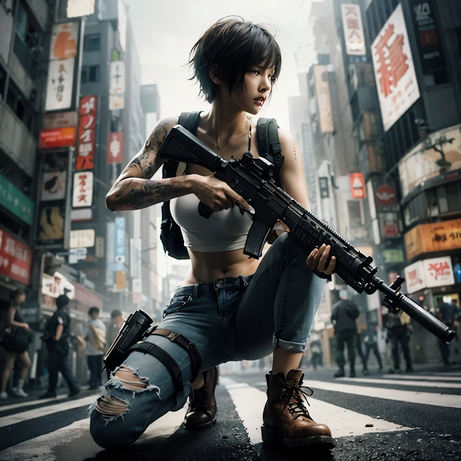 ８K,realistic pictures、realistic skin texture、Beautiful Japanese women living in America、short hair、Large intersection、Dirty and torn shirt and jeans、Red Wing Boots、bulletproof vest、automatic rifle、short cut hair、Urban Warfare、involved in an incident、Counterattack begins、this is dirty、Moving action pose、、Dramatic and bold composition、Half body、logic、Zoom out、fiction、bird&#39;Diagonal view、Please print at least 4 copies。