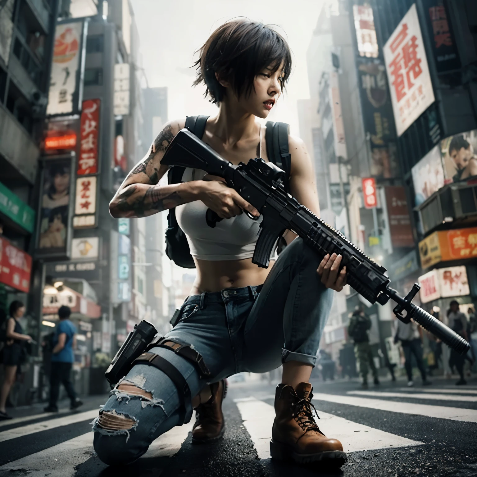 8K,realistic pictures、realistic skin texture、Beautiful Japanese women living in America、short hair、Large intersection、Dirty and torn shirt and jeans、Red Wing Boots、bulletproof vest、automatic rifle、short cut hair、Urban Warfare、involved in an incident、Counterattack begins、this is dirty、Moving action pose、、Dramatic and bold composition、Half body、logic、Zoom out、fiction、bird'Diagonal view、Please print at least 4 copies。