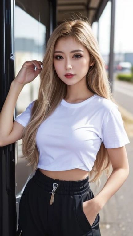 (生写真のような現実的なmasterpiece),((Photoreal)): 1.4, masterpiece, highest quality), ((Beautiful 15 year old girl)),((young face)),((height: 154cm)),((F cup bust)) ,((kind eyes)),(((droopy eyes))),((long blonde hair)),(Highly detailed face and skin texture), ((black skin)),(((looking at the viewer))),(A tight fitting white T-shirt:1.4), (Oversized cargo pants:1.4),Truck Driver,heavy truck,(heavy truckに乗ろうとする姿:1.5),Truck door,Truck tire wheels,Truck and woman