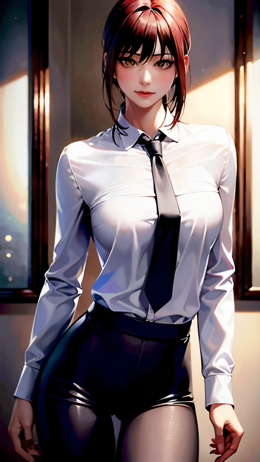 detailed shiny skin, (realistic, photo-realistic:1.4), Pretty girl, Are standing, Looking out the window, white shirt, collared shirt, black tie, black pants, long sleeve, slight smile (blush your nose), yellow eyes + ring-shaped eyes, short hair + redhead + long braided hair, hand \(chainsaw man\)