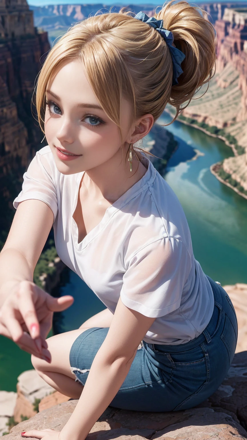 ((最high quality, 8K, masterpiece: 1.3, Ultra HD, high quality, 最high quality, High resolution, realism)) 、25 year old white woman、blue eyes、long hair、smile、slender、slenderだがアスリートのような細マッチョ、I don&#39;t want my head to disappear from the screen.、Wear accessories on your wrist、Wearing red nail polish、I have a peticure、aerial perspective((atmospheric perspective))、smile((smiley))、background blur((depth of field)、crystal earrings((crystal earrings))、Dark Blonde、Folded ponytail((folded ponytail)、Bouldering at the Grand Canyon、Below you can see the river carved into the rocks.、The blue sky is beautiful、selfie、smile