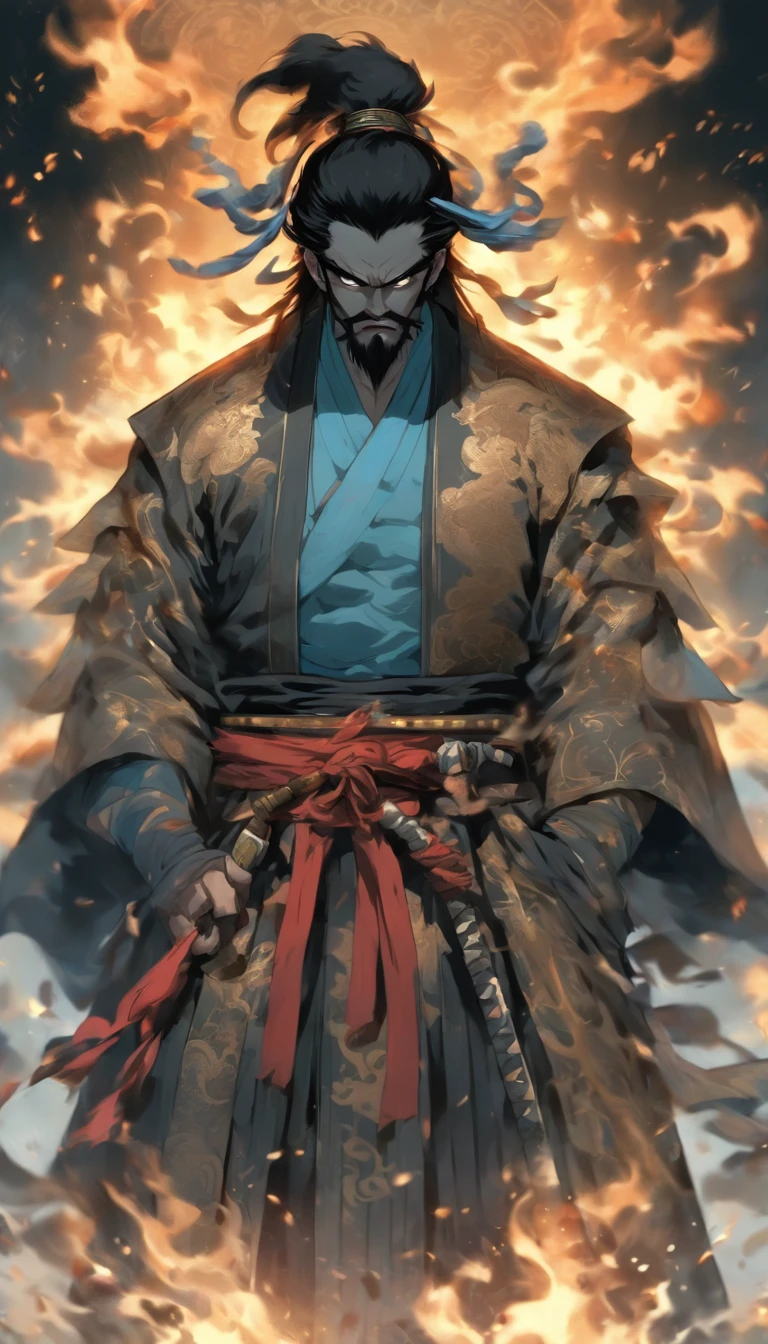 middle-aged man, of painting style, high resolution, black hair, Half demon body, half demon face, Chinese warrior, Exquisite three-dimensional blue flame devil face, Bearded, wearing a hat, Expressions of anger, perfect body proportions, joke, black and white robe, A scabbard hangs from his waist, Handsome, full body view, stand up, (White background:1.3), swordsman, In his hand he held a long, wide and heavy knife, facing the camera, (black clothes:0.8), high detail, masterpiece, precise, anatomically correct, textured skin