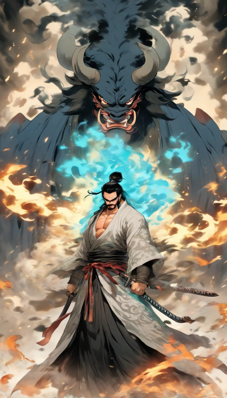 middle-aged man, of painting style, high resolution, black hair, Half demon body, half demon face, Chinese warrior, Exquisite three-dimensional blue flame devil face, Bearded, wearing a hat, Expressions of anger, perfect body proportions, joke, black and white robe, A scabbard hangs from his waist, Handsome, full body view, stand up, (White background:1.3), swordsman, In his hand he held a long, wide and heavy knife, facing the camera, (black clothes:0.8), high detail, masterpiece, precise, anatomically correct, textured skin