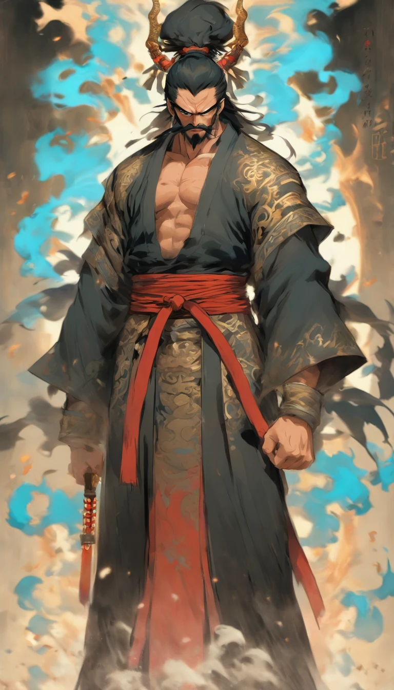 middle-aged man, of painting style, high resolution, black hair, Half demon body, half demon face, Chinese warrior, Exquisite three-dimensional blue flame devil face, Bearded, wearing a hat, Expressions of anger, perfect body proportions, joke, black and white robe, A scabbard hangs from his waist, Handsome, full body view, stand up, （White background：1.3）, swordsman, In his hand he held a long, wide and heavy knife, facing the camera, （black clothes：0.8）, high detail, masterpiece, precise, anatomically correct, textured skin