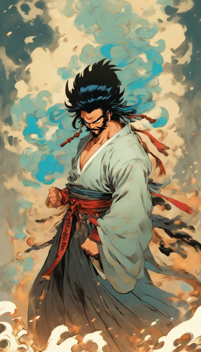 middle-aged man, of painting style, high resolution, black hair, Half demon body, half demon face, Chinese warrior, Exquisite three-dimensional blue flame devil face, Bearded, wearing a hat, Expressions of anger, perfect body proportions, joke, black and white robe, A scabbard hangs from his waist, Handsome, full body view, stand up, (White background:1.3), swordsman, In his hand he held a long, wide and heavy knife, facing the camera, (black clothes:0.8), high detail, masterpiece, precise, anatomically correct, textured skin