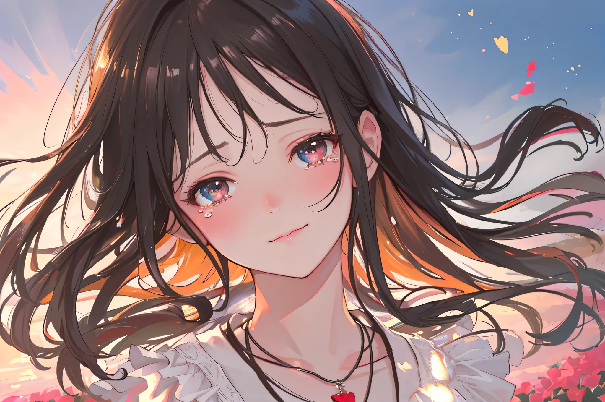 (best quality,highres,ultra-detailed,realistic:1.37),(bright lighting,soft light),(vivid colors),(oil painting),a girl with tears streaming down her face,a girl standing in a field of flowers,a sunset in the background,a handwritten letter in her hand,a necklace with a heart-shaped pendant,beautiful detailed eyes,dark hair flowing in the wind,a gentle smile on her face,a soft and dreamy atmosphere)