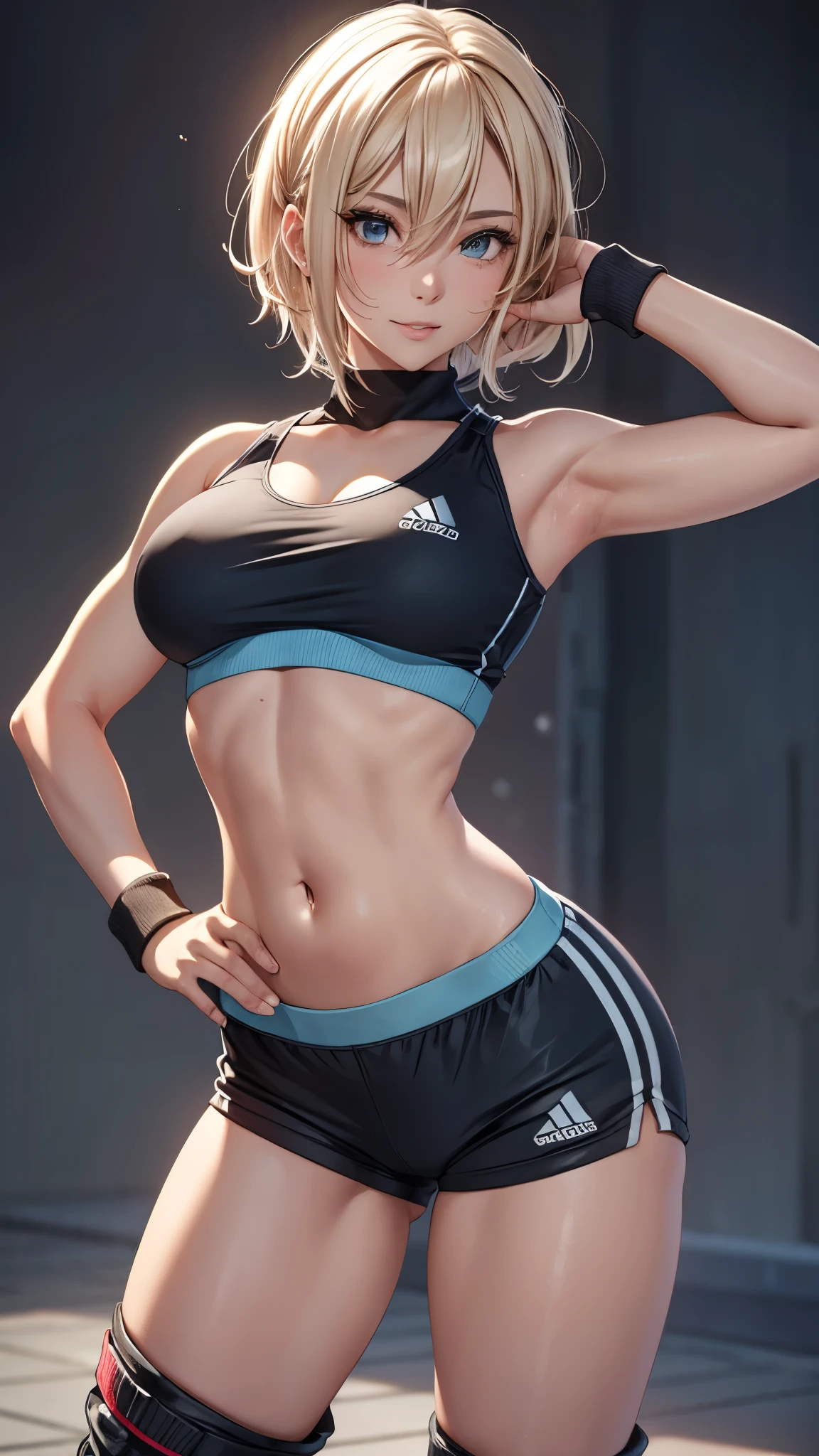 beautiful, masterpiece, best quality, extremely detailed face, perfect lighting, bea \(pokemon\),1girl, solo, grey eyes, bodysuit, bodysuit under clothes, breasts, closed mouth, clothes pull, covered navel, grey eyes, looking down, muscular, shirt, short sleeves, shorts, shorts pull, classroom, solo, undressing, nipple_outline, asian, realistic, sweaty skin, wet shorts