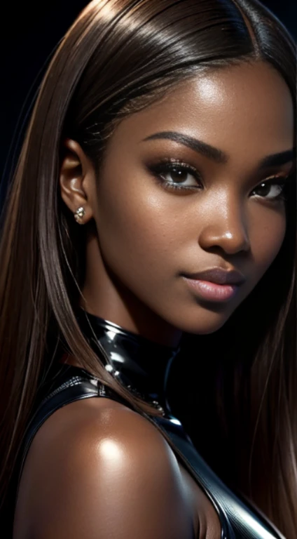 (ultra high definition), (ultra high definition), (full sharpness), (maximum quality), (Cinematic), (8k), (very black Girl), ((very tall girl), ((chubby)), ((extremely beautiful)), (alone), ((headshot)), (close up of face), (beautiful light brown eyes), (low cut hairstyle), (gloss on lips), (ultra detailed face), (ultra detailed eyes), (ultra realist eyes), (black background), ((front view)), (malicious smile), (soft skin), (very insinuating)