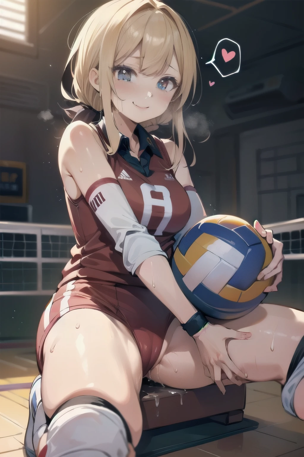 unity 8k wallpaper, anatomically correct, (((masterpiece))), (((best quality))), (((ultra detailed))), (((high-resolution))), ((Ultimate cutie)), perfect hands, perfect finger, (((good anatomy))), detailed beautiful face, shiny hair, (((gyaru))), (potbelly), (curvy), medium breasts, ((Thick thighs)), (((solo))), ((seductive smile)), (((blush))), (Eyes are heart marks), (heart shaped pupils), ((trembling)),
BREAK, (((sit astride the perfectly spherical shape 6-inch volleyball))), (((Straddling a perfectly spherical 6" volleyball))), (((Perfectly spherical 6" volleyball fits perfectly crotch))), BREAK, (((Rub the Perfectly spherical 6" volleyball against crotch))), (masturbation),
BREAK, adidas, (Collared volleyball uniforms), sleeveless, ((buruma)), ((kneepad)), ((pussy juice stained)), (elbow pad), (((sweat))), (((covered in sweat))), ((deep breathing)), in Volleyball Court, indoor, lighting, looking at viewer, full body, (spoken heart)