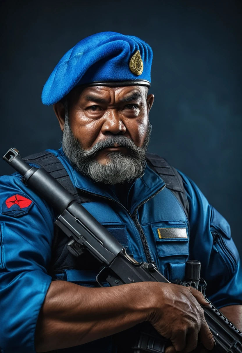 (a dark-skinned bearded fat old man in a blue pilot suit) holding a gun and (wearing blue army beret on his head), muscular, Basuki Abdullah, sumatraism, action, a character portrait, heroic, fierce
