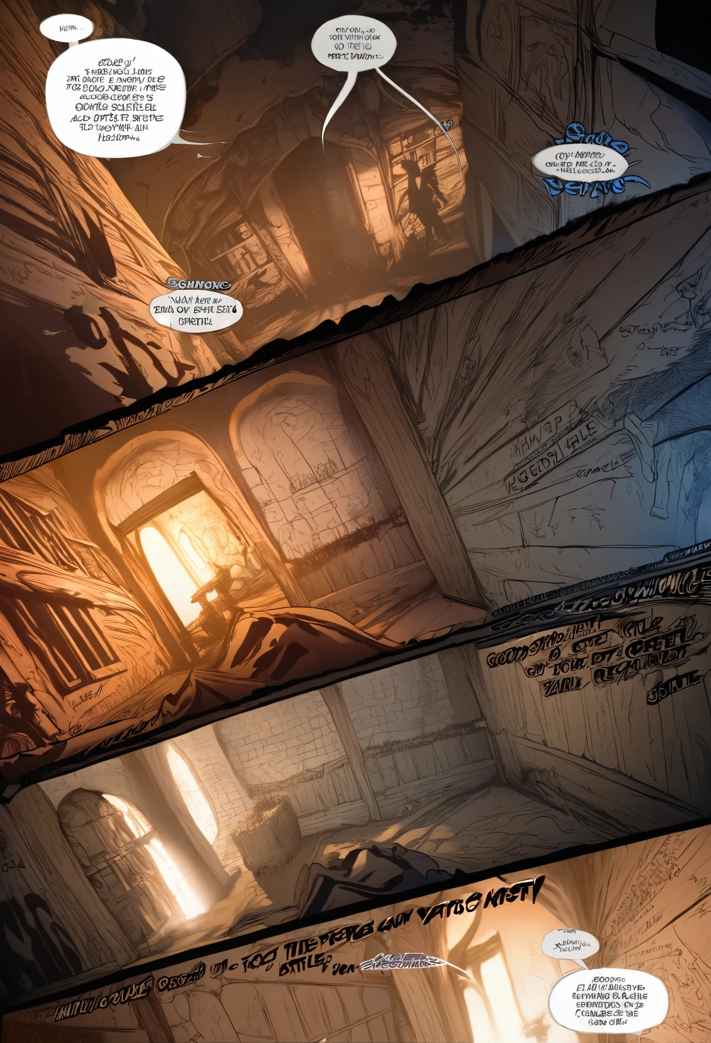 cover page, highres, paid reward available, unparalleled masterpiece, terrifying tale, Hansel and Gretel perfect anatomy, good lighting, volumetric lighting, cinematic shadow, assorted angles, full body, upper shot, dynamic angle(boys comic-like panel layouts, speech balloon, English text, Hand-drawn sound effects stickers used in battle comic),
