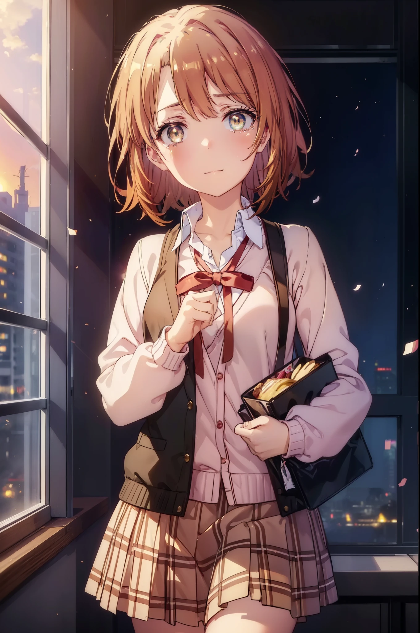 irohaisshiki, Isshiki Iroha, short hair, brown hair, (Brown ruby eyes:1.5), smile,blush,Tears running down her face,Tears of joy、I cry a lot、break skirt, shirt, ribbon, , Jacket, white shirt, open clothes, socks, open Jacket, black Jacket, plaid, knee high, plaid skirt, blazer, cardigan, black socks, pink cardigan,Holding a large bouquet in both hands ,birthday,A birthday cake is on the table,confetti,evening,sunset,The sun is setting,
break indoors,School classroom ,
break looking at viewer,Upper body,(cowboy shot:1. 3)
break (masterpiece:1.2), highest quality, High resolution, unity 8k wallpaper, (shape:0.8), (beautiful and detailed eyes:1.6), highly detailed face, perfect lighting, Very detailed CG, (perfect hands, perfect anatomy),