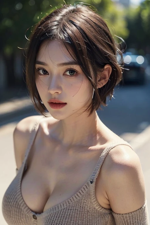 1 lady、40 years、Super detailed face、delicate lips、delicate eyes、double eyelids, (Medium to short hair、huge breasts:1.5)、Summer sweaters:1.1, ((top quality、8K、Realism, Masterpiece:1.3))