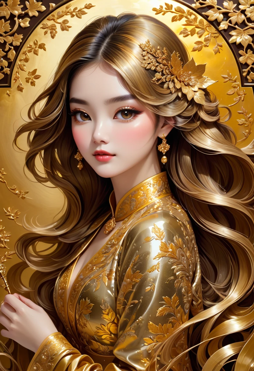 1girl, Gold Leaf Art, goldcarvingcd_xl, jinsixiangyun, traditional, golden, Gold Foil Art, gold leaf,gilded details,shimmering surface,meticulous craftsmanship,rich texture,ornate patterns,hand-applied gold leaf,golden accents,delicate brushwork,reflective surfaces,luxurious finish,breathtaking beauty,meticulous detailing,elegant composition,fine art masterpiece,visual opulence,vibrant colors,glowing golden hue,dramatic contrast,subtle shine,golden radiance,exquisite craftsmanship,gleaming surfaces,richly layered,illumination quality,baroque influences,refined elegance,luminous highlights,rich and regal,unparalleled luxury,artistic magnificence,timeless beauty,self-reflective surfaces,polished luminosity,lustrous appearance,dazzling brilliance,opulent aesthetic,opulent opulence,limitless beauty,decorative embellishments,unmatched elegance,celestial luminosity,heavenly glow,fine brushstrokes,delicate intricacy,detailed precision,exquisite artistry,dazzling exuberance,unparalleled grandeur,luxurious embellishments,illuminating radiance,dynamic texturing