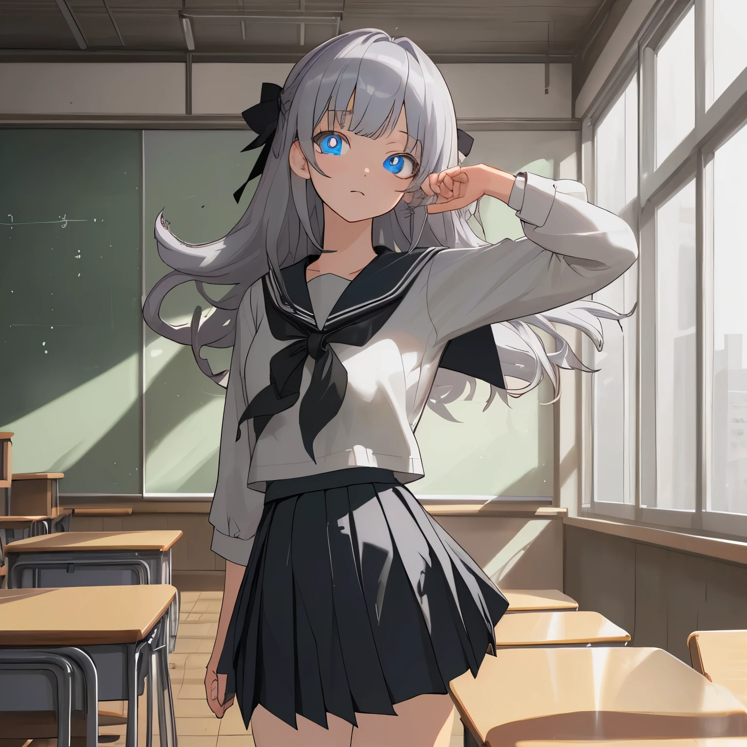 nodokaharamura, nodoka haramura, blue eyes, hair bow, long hair, silver hair, bow,
BREAK black skirt, kiyosumi , pleated skirt, , serafuku, skirt,
BREAK looking at viewer,
BREAK indoors, classroom,
BREAK (masterpiece:1.2), best quality, high resolution, unity 8k wallpaper, (illustration:0.8), (beautiful detailed eyes:1.6), extremely detailed face, perfect lighting, extremely detailed CG, (perfect hands, perfect ???????),